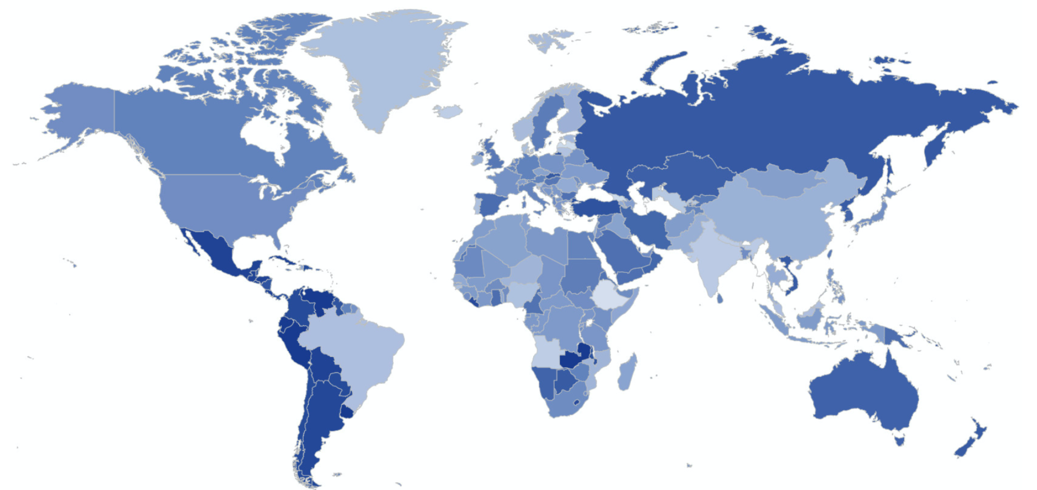 A world map showing the relative frequency of YouTube videos including a given visual theme